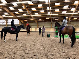 Photo prise lors d'un cours d'équitation de 3 cavaliers avec un enseignant au Club hippique Eckwersheim situé près de Strasbourg