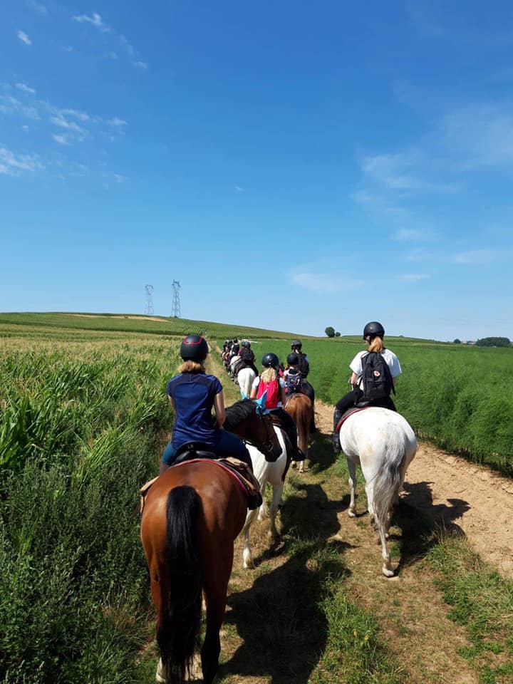 Photo d'un groupe de jeunes cavaliers qui apprennent l'équitation avec leur instituteur au Centre équestre Eckwersheim