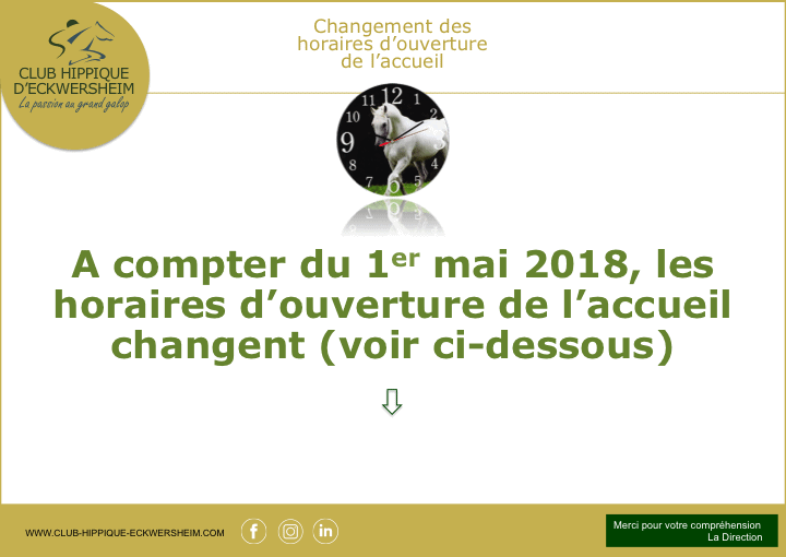 Changement des horaires d'ouverture de l'accueil du Club hippique situé près de Strasbourg