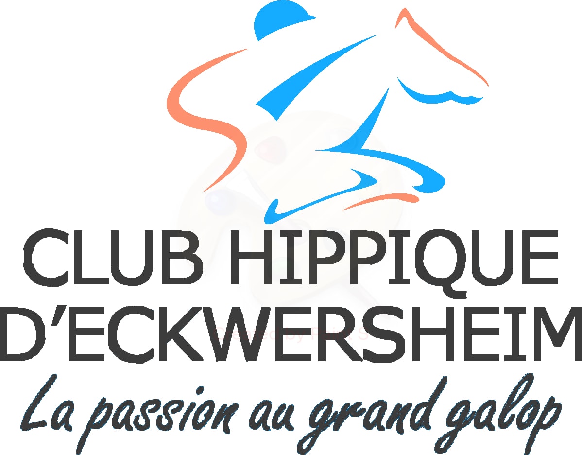 Logo noir d'un cavalier sur sa monture sur fond transparent avec la baseline du club hippique Eckwersheim